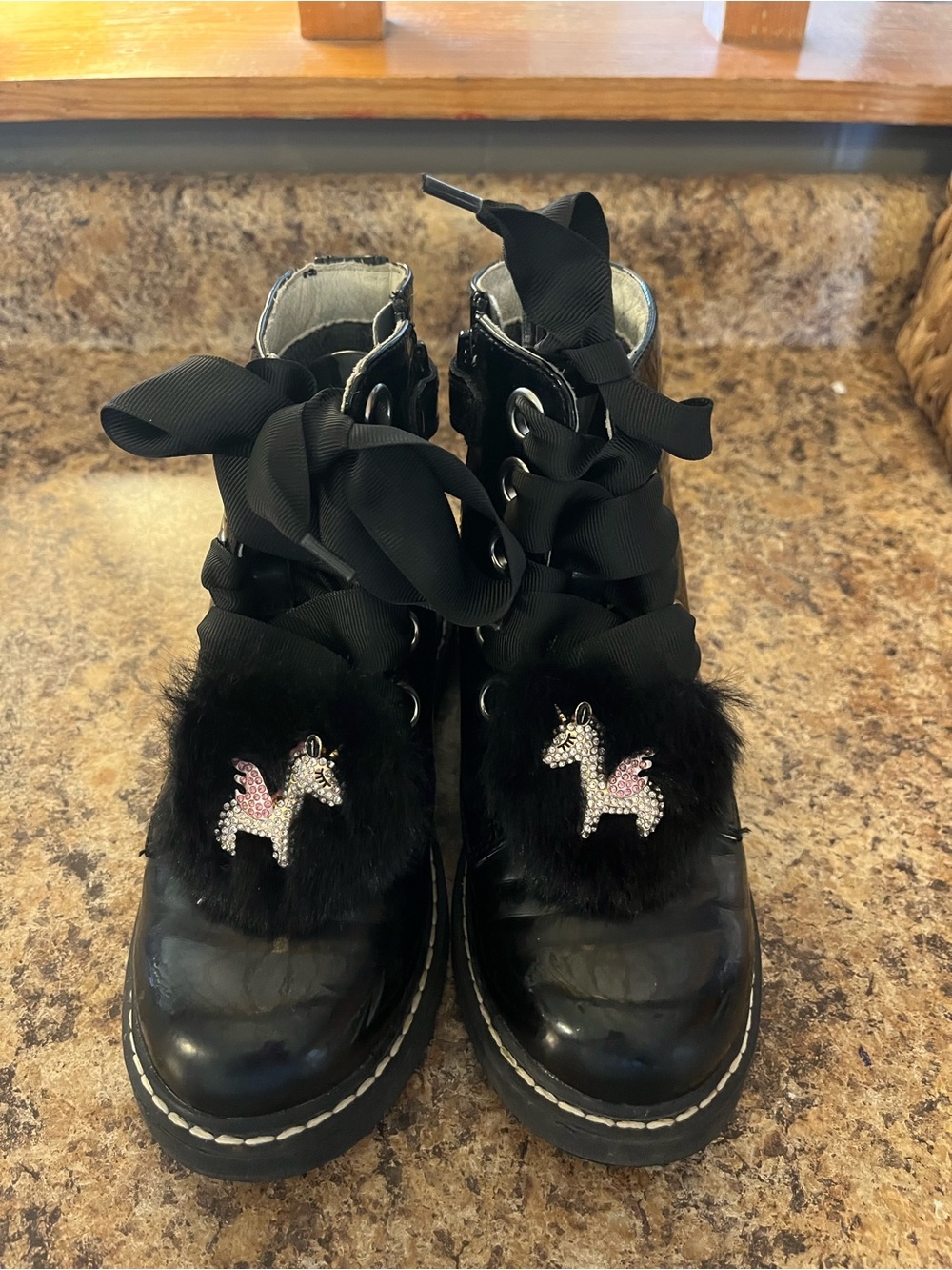 Lelli Kelly Black Patent Kids Lace-Up Boots with Unicorn Charms